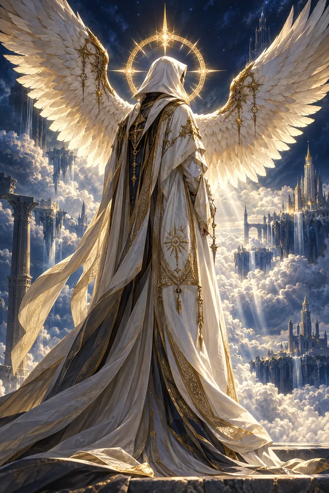 A winged, hooded figure before a city in the clouds