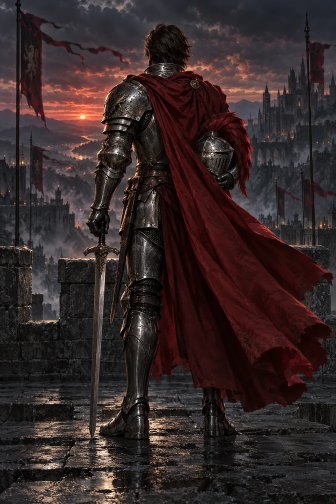 A knight in a red cloak looks out over a burning citadel
