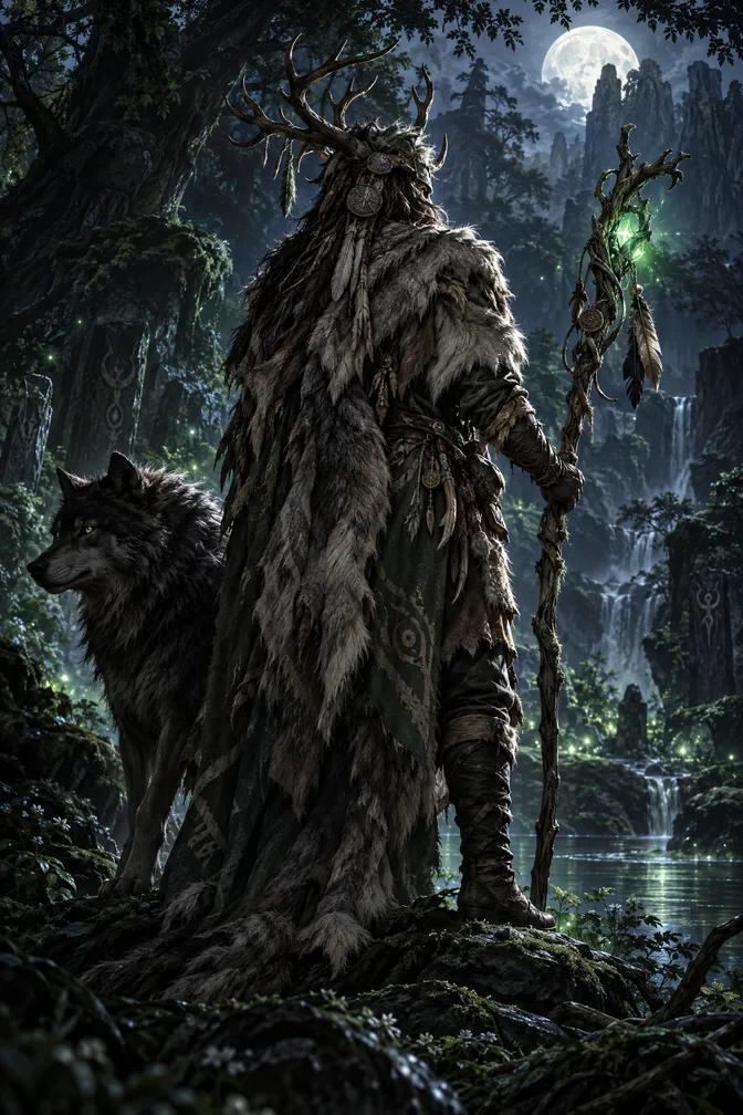 An antlered druid and a wolf beneath a full moon